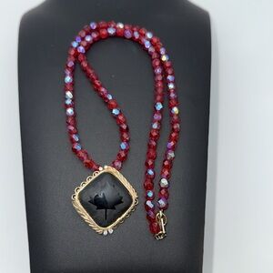 Vintage Hobe red aurora borealis iridescent beaded necklace with leaf pendant